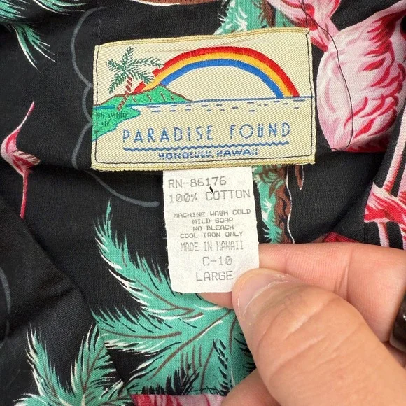 VTG Paradise Found Hawaiian Shirt Mens Large Black Flamingos Palm Trees Camp - Picture 4 of 7